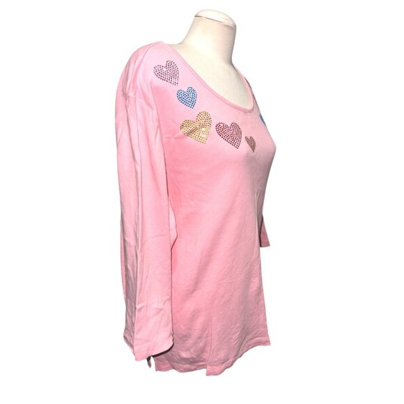 Quacker Factory Pink 2X Womens Rhinestone Heart Embellished Cotton Scoop Neck 3/ - Picture 9 of 9